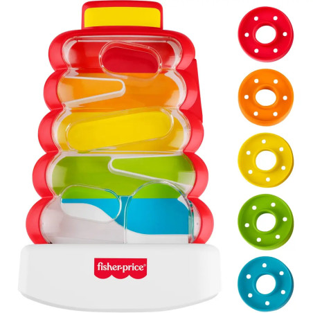 Bunter Fisher-Price Stapelturm mit fünf Ringen und roter Spirale auf weißem Sockel.