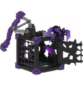 Schwarzer und lilafarbener Spielzeugkäfig mit offener Tür, einem Roboterarm und einer Kreatur im Inneren.