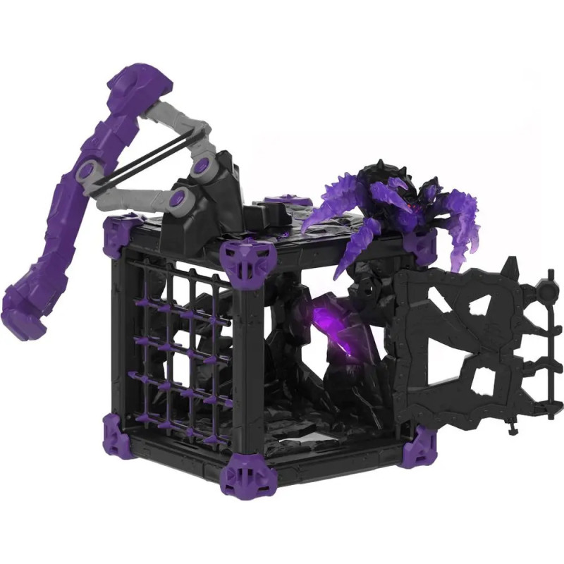 Schwarzer und lilafarbener Spielzeugkäfig mit offener Tür, einem Roboterarm und einer Kreatur im Inneren.