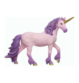 Ein pinkes Einhorn mit lila Mähne, Schweif und Hufen sowie goldenem Horn steht vor weißem Hintergrund.