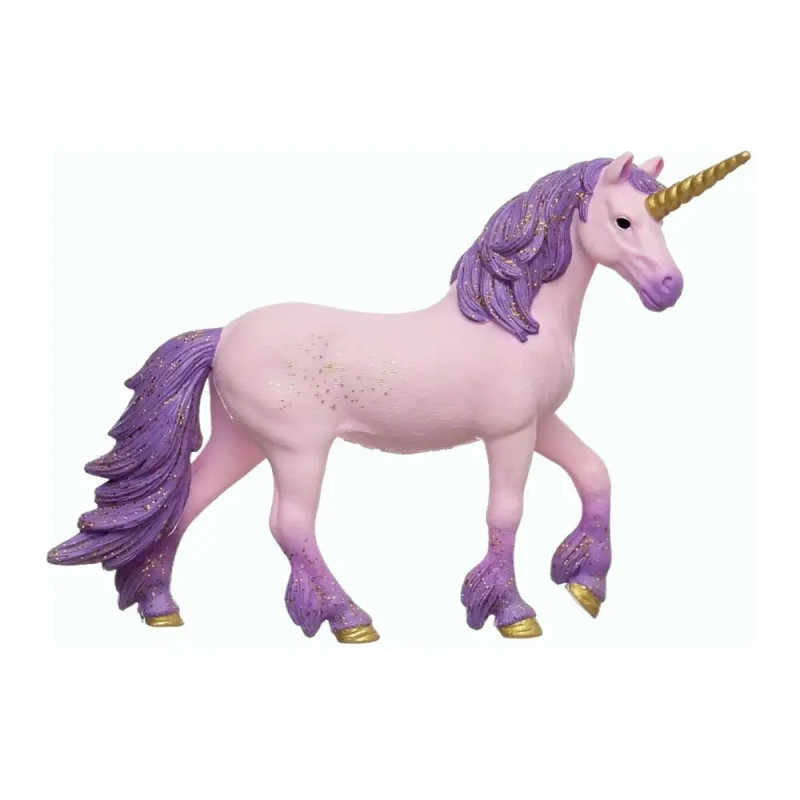 Ein pinkes Einhorn mit lila Mähne, Schweif und Hufen sowie goldenem Horn steht vor weißem Hintergrund.