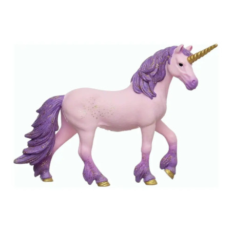 Ein pinkes Einhorn mit lila Mähne, Schweif und Hufen sowie goldenem Horn steht vor weißem Hintergrund.