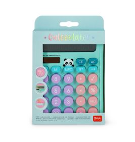 Bunter Taschenrechner mit großen Pastellknöpfen und Panda-Deko in blau-rosafarbener Verpackung.