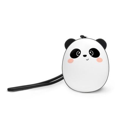 Kleine, ovale Umhängetasche im Panda-Design mit schwarzem Gurt und niedlichem Cartoon-Gesicht.