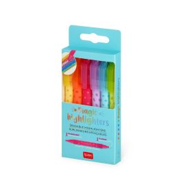 Sechs bunte, radierbare Textmarker in einer blauen Verpackung mit der Aufschrift Magic Highlighters.