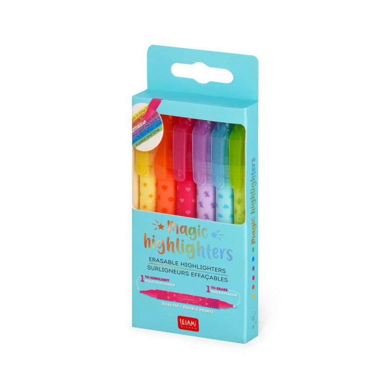 Sechs bunte, radierbare Textmarker in einer blauen Verpackung mit der Aufschrift Magic Highlighters.