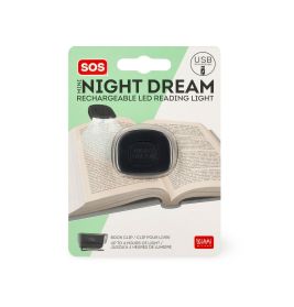Verpackte, USB-aufladbare Mini-LED-Leselampe, die an ein offenes Buch geklemmt ist, mit dem Namen Night Dream.