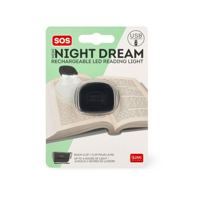 Verpackte, USB-aufladbare Mini-LED-Leselampe, die an ein offenes Buch geklemmt ist, mit dem Namen Night Dream.