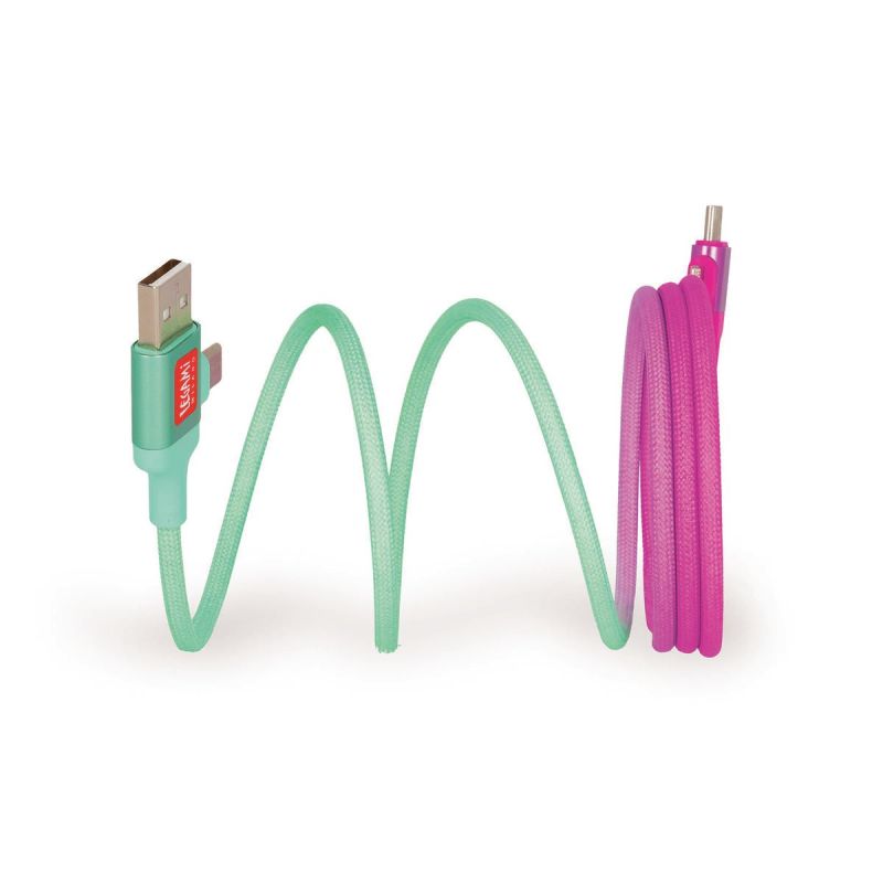 Grünes und pinkes Spiral-USB-Ladekabel mit USB-A- und Micro-USB-Stecker.