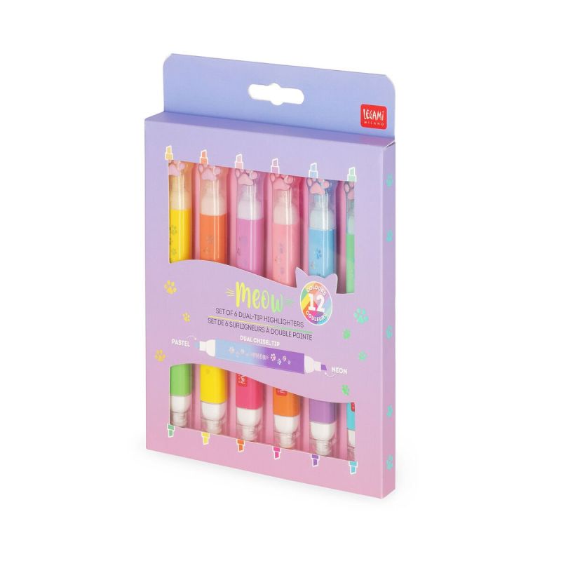 LEGAMI MILANO Dual-Tip Textmarker Meow Kitty (6er-Set) – Breite & feine Spitze