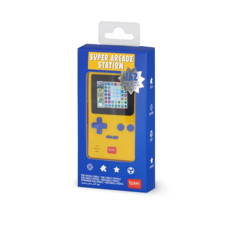 Blau-gelbe Handheld-Konsole in Verpackung "Super Arcade Station" mit 152 Spielen.