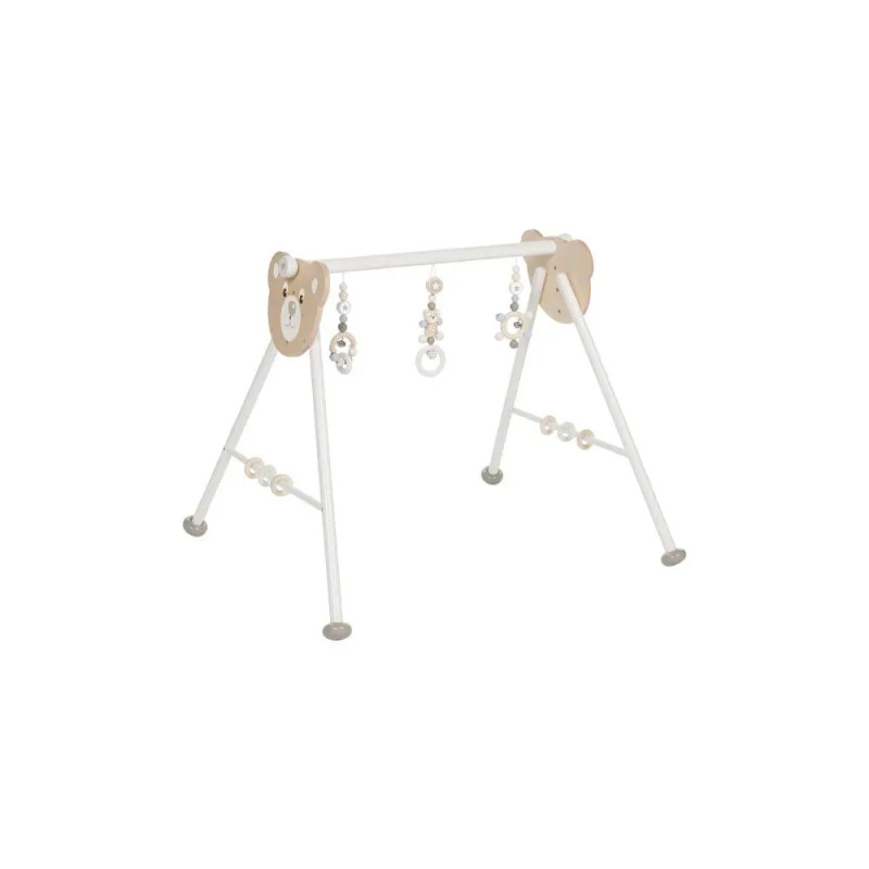 Holz-Babygym mit hängendem Spielzeug und Perlen, vier Beine, vor weißem Hintergrund.