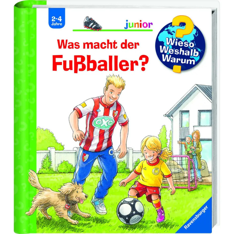 Ein Mann und ein Kind spielen mit einem Hund im Garten; Buchcover mit deutschem Text und bunten Illustrationen.