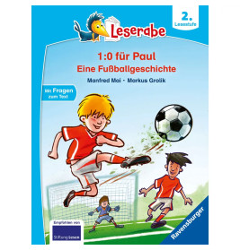 Illustration: Zwei Jungen spielen Fußball, einer schießt auf ein Tor. Cover eines deutschen Kinderbuchs.