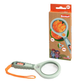 Graue und orange Spielzeuglupe in Verpackung mit Blumenmotiv und Zeichnungen von Kindern.