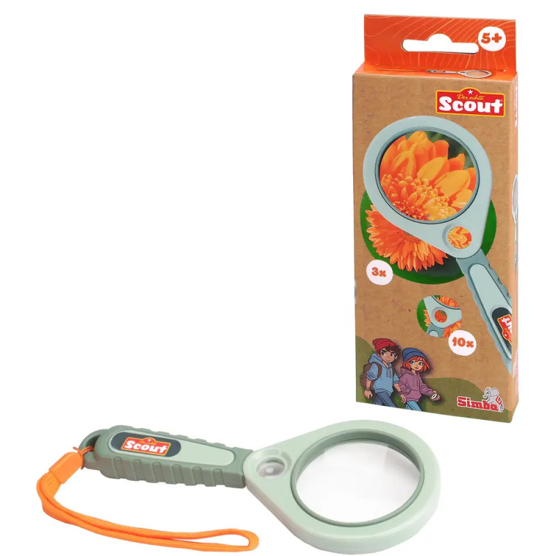 Graue und orange Spielzeuglupe in Verpackung mit Blumenmotiv und Zeichnungen von Kindern.