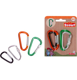 Vier farbige Karabiner (orange, grün, silber, schwarz) mit Verpackung und Scout-Logo.