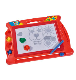 Rotes Magnet-Zeichenbrett mit Kritzeleien, Formen und einem per Schnur befestigten Stift.