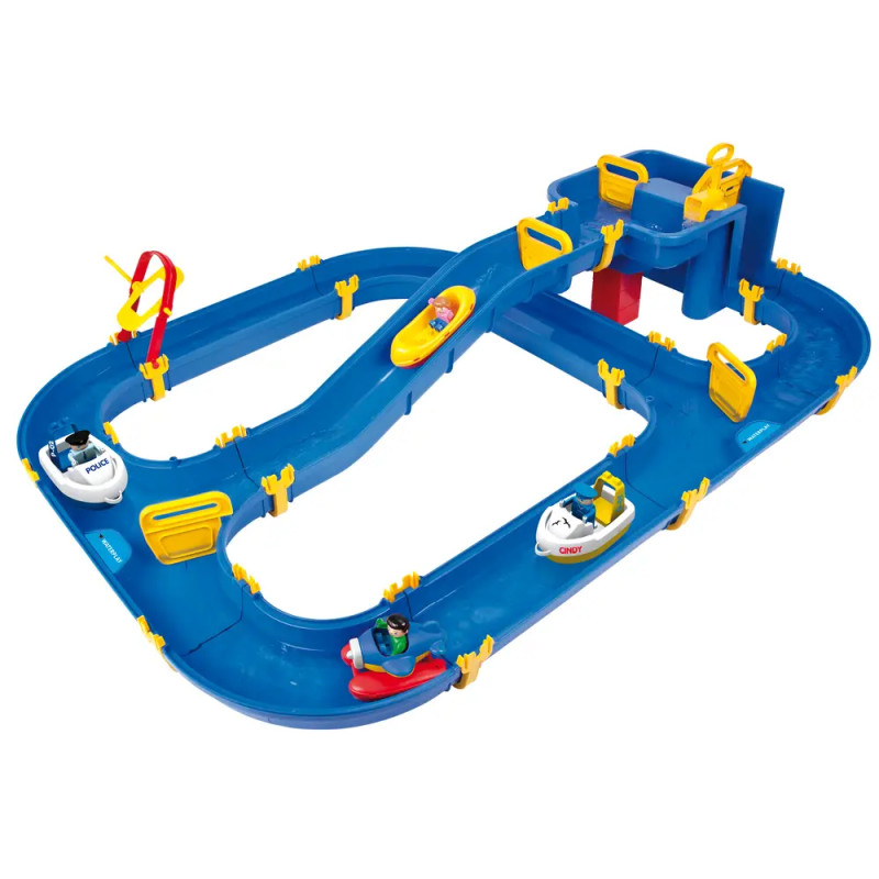 Blaues Wasserspielset aus Kunststoff mit gelbem Zubehör und kleinen Booten auf gewundenen Bahnen.