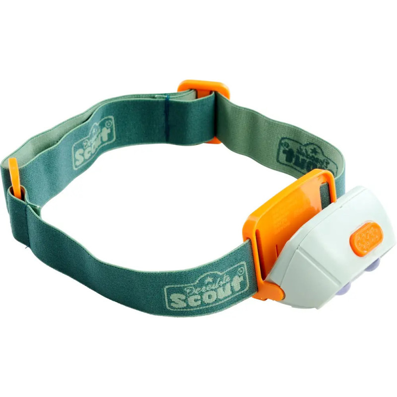 Grün-orangefarbene Stirnlampe mit Scout-Logo am Band, zum Tragen auf dem Kopf entworfen.