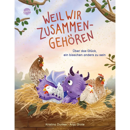 Illustration: Eine lila Babydrache sitzt mit zwei Hennen in einem Nest, umgeben von Zweigen und Blättern.