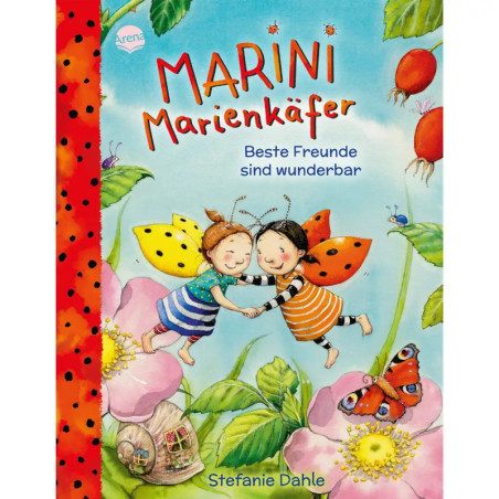 Zwei lachende Kinder mit Marienkäferflügeln halten Händchen und schweben über Blumen auf einem bunten Buchcover.