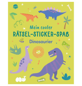 Bunte Dinosaurier-Illustrationen und deutscher Text auf dem grünen Cover eines Rätsel- und Stickerbuchs.