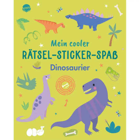 Bunte Dinosaurier-Illustrationen und deutscher Text auf dem grünen Cover eines Rätsel- und Stickerbuchs.