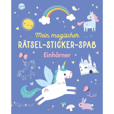 Buntes deutsches Kinderbuchcover mit Einhörnern, Regenbogen, Sonne, Schloss sowie Herzen und Sternen.