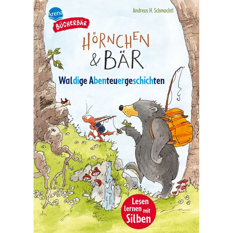 Illustration: Ein Eichhörnchen und ein Bär mit Rucksack im Wald. Buchtitel: Hörnchen & Bär.