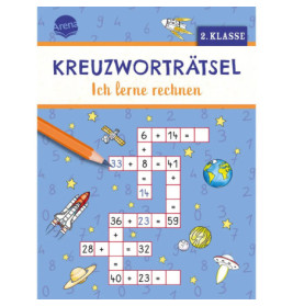 Cover eines Mathe-Kreuzworträtselbuchs mit Weltraummotiven und deutschem Text für die 2. Klasse.