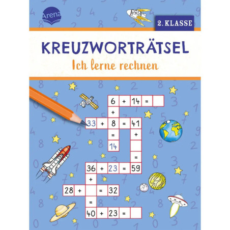 Cover eines Mathe-Kreuzworträtselbuchs mit Weltraummotiven und deutschem Text für die 2. Klasse.