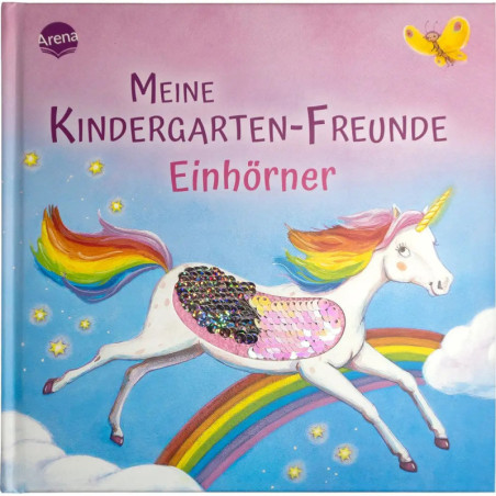 Buntes Buchcover mit fliegendem Einhorn, Regenbogen und dem deutschen Titel Meine Kindergarten-Freunde Einhörner.