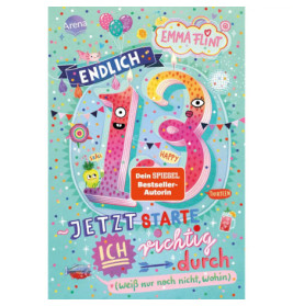 Buntes deutsches Buchcover mit großem Endlich 13, Luftballons, Konfetti und festlicher Dekoration.