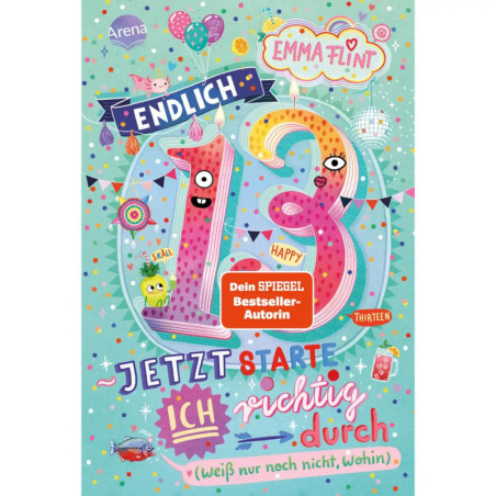 Buntes deutsches Buchcover mit großem Endlich 13, Luftballons, Konfetti und festlicher Dekoration.