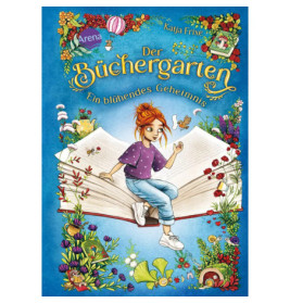 Ein Mädchen sitzt auf einem großen offenen Buch mit Blumen, Pflanzen und Vogel, umgeben von einem bunten Gartenrand.