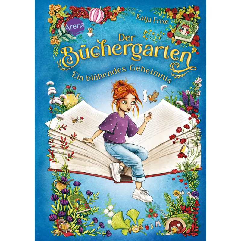 Ein Mädchen sitzt auf einem großen offenen Buch mit Blumen, Pflanzen und Vogel, umgeben von einem bunten Gartenrand.
