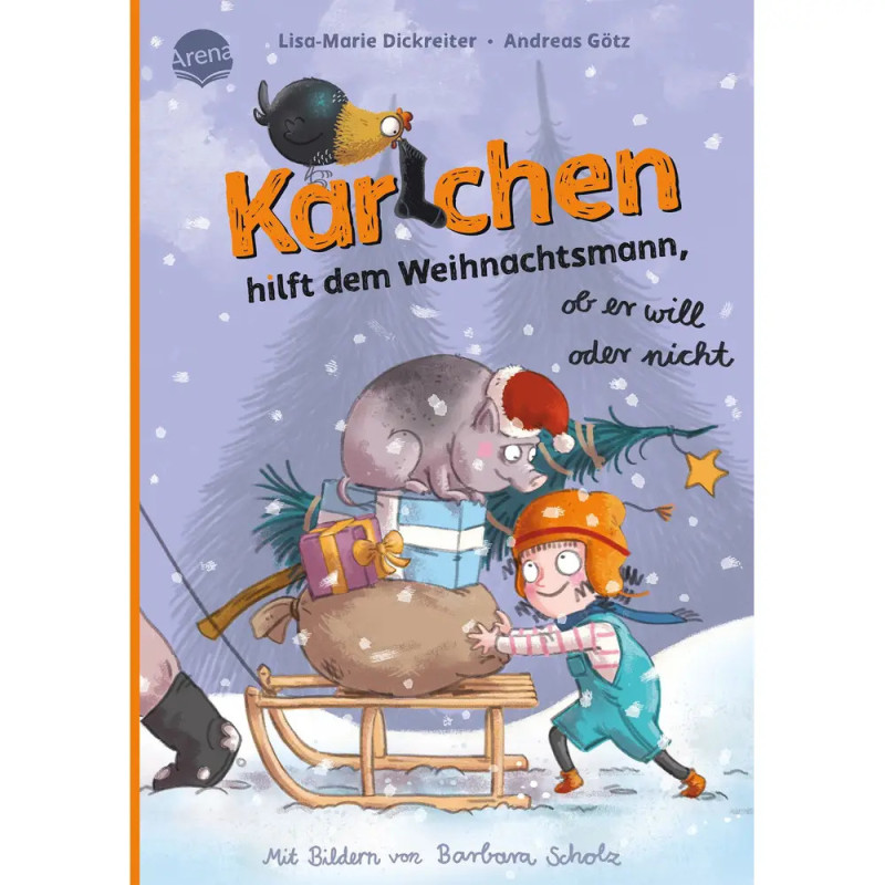 Kinderbuchcover: Wildschwein, Junge und Geschenke auf Schlitten im Schnee deutscher Titel.