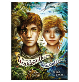 Zwei Kinder mit Tiermerkmalen stehen in üppigem Grün und Meereswelt Cover der Woodwalkers, Seawalkers-Reihe.