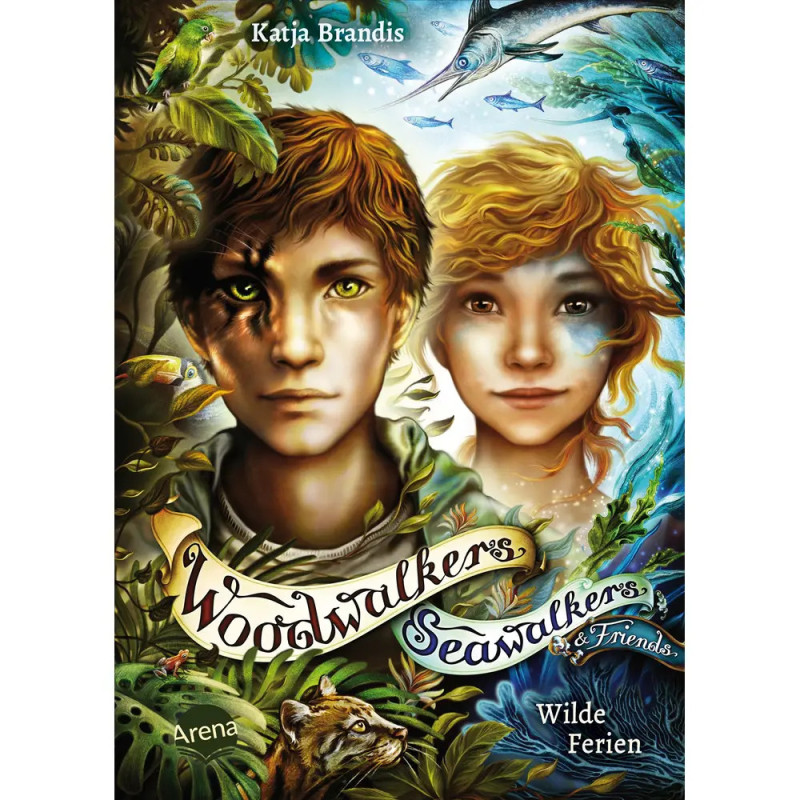 Zwei Kinder mit Tiermerkmalen stehen in üppigem Grün und Meereswelt Cover der Woodwalkers, Seawalkers-Reihe.