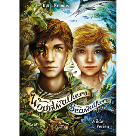 Zwei Kinder mit Tiermerkmalen stehen in üppigem Grün und Meereswelt Cover der Woodwalkers, Seawalkers-Reihe.
