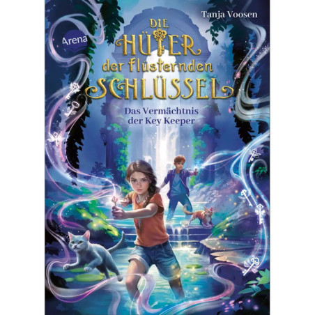 Buchcover: Zwei Kinder mit leuchtenden Schlüsseln, Katze, Fuchs, magischem Wald. Titel: Die Hüter der flüsternden Schlüssel.