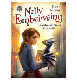 Mädchen mit kleinem Drachen auf einer Stadtstraße Buchcover Nelly Emberwing von Kira Gembri.