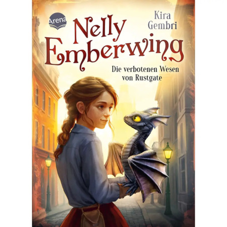 Mädchen mit kleinem Drachen auf einer Stadtstraße Buchcover Nelly Emberwing von Kira Gembri.