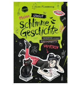 Illustriertes Buchcover: Mädchen schreibt, schwarze Katze, gruselige Kritzeleien, deutscher Titel auf grünem Hintergrund.