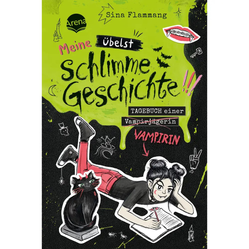 Illustriertes Buchcover: Mädchen schreibt, schwarze Katze, gruselige Kritzeleien, deutscher Titel auf grünem Hintergrund.