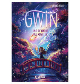 Ein Mädchen steht auf einer roten Brücke unter funkelndem Himmel mit Kometen und Bäumen; Buchtitel: GWIN.