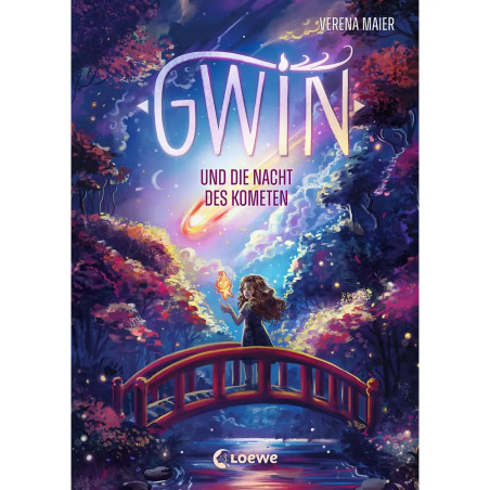 Ein Mädchen steht auf einer roten Brücke unter funkelndem Himmel mit Kometen und Bäumen; Buchtitel: GWIN.