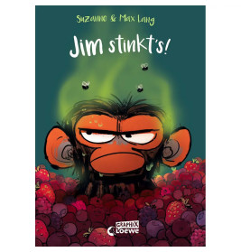 Gezeichneter Affe mit grünen Stinklinien und Fliegen, umgeben von Beeren. Darüber steht: "Jim stinkts!".