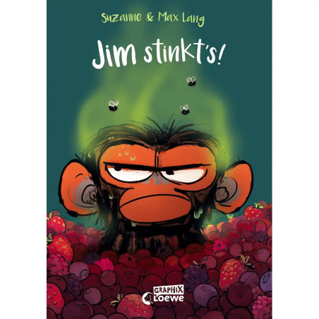 Gezeichneter Affe mit grünen Stinklinien und Fliegen, umgeben von Beeren. Darüber steht: "Jim stinkts!".